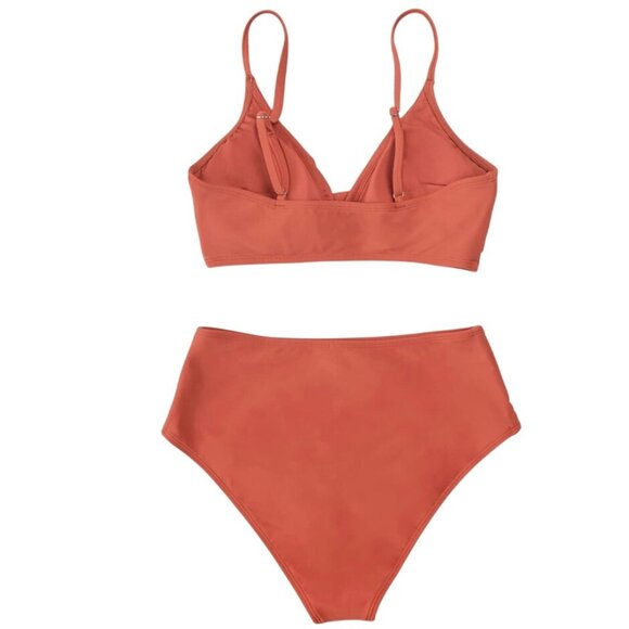 Cupshe Women’s Brick Red V-Neck Twist Front Bikini Set High Waist Cheeky Small - Picture 5 of 9